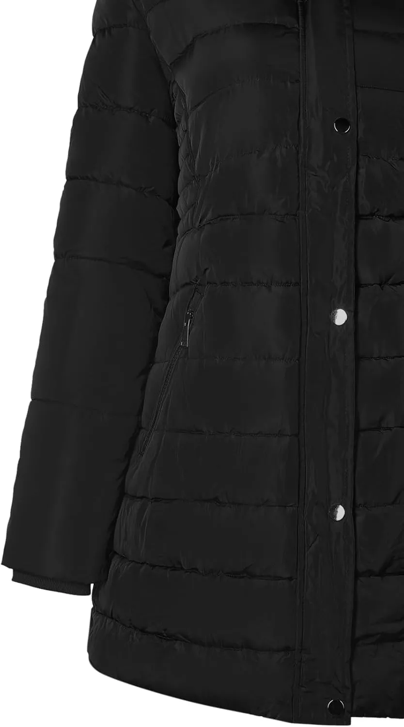 BodiLove Women's Winter Quilted Puffer Long Coat Jacket Plus Size with Removable Faux Fur Hood and Zipper