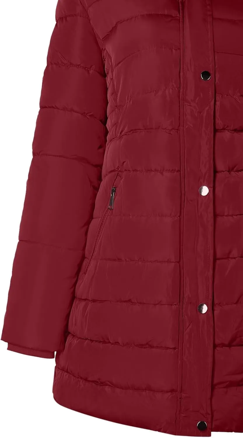 BodiLove Women's Winter Quilted Puffer Long Coat Jacket Plus Size with Removable Faux Fur Hood and Zipper
