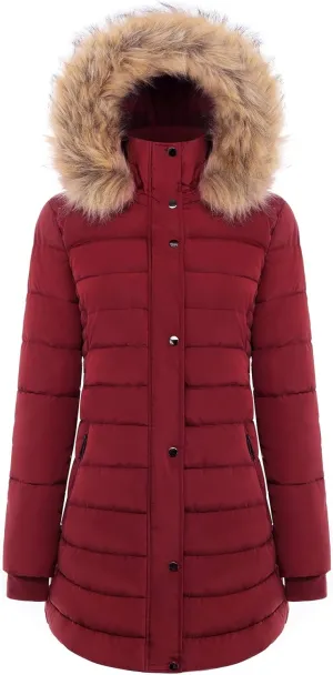 BodiLove Women's Winter Quilted Puffer Long Coat Jacket Plus Size with Removable Faux Fur Hood and Zipper