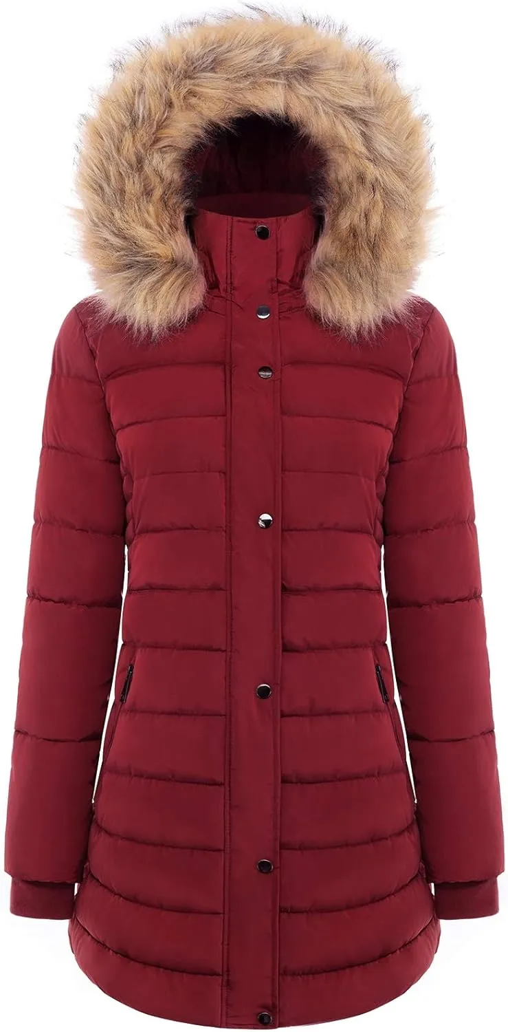 BodiLove Women's Winter Quilted Puffer Long Coat Jacket Plus Size with Removable Faux Fur Hood and Zipper