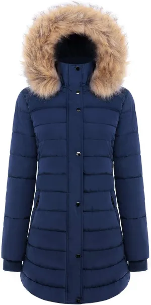 BodiLove Women's Winter Quilted Puffer Long Coat Jacket Plus Size with Removable Faux Fur Hood and Zipper