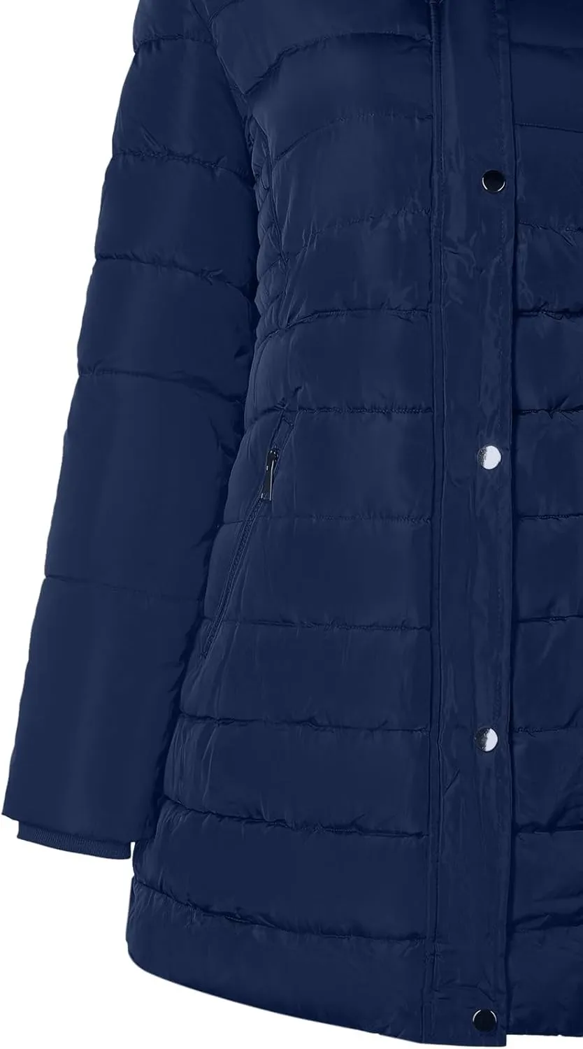 BodiLove Women's Winter Quilted Puffer Long Coat Jacket Plus Size with Removable Faux Fur Hood and Zipper