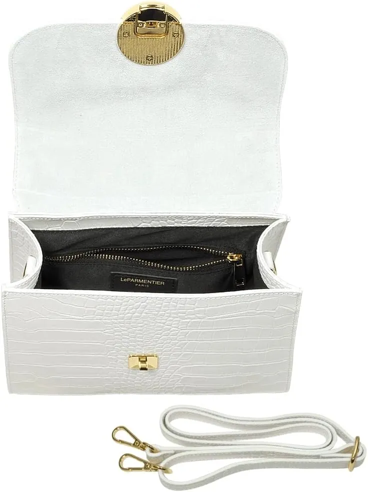 Bombo Croco Embossed Leather Satchel, Top-Handle Bag with Strap, 9.8 x 7.9 x 3.9 inches