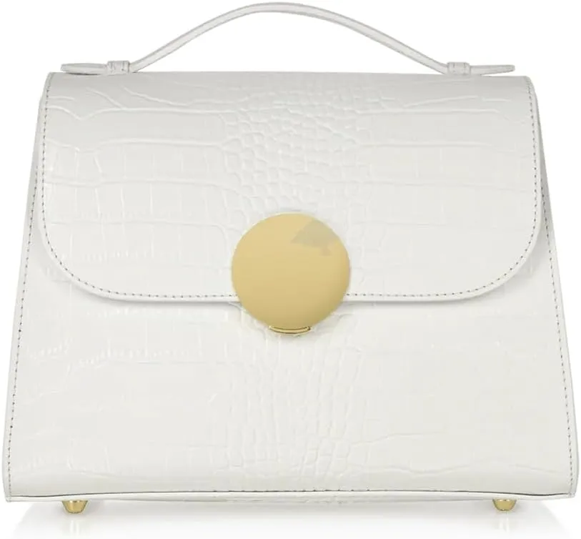 Bombo Croco Embossed Leather Satchel, Top-Handle Bag with Strap, 9.8 x 7.9 x 3.9 inches