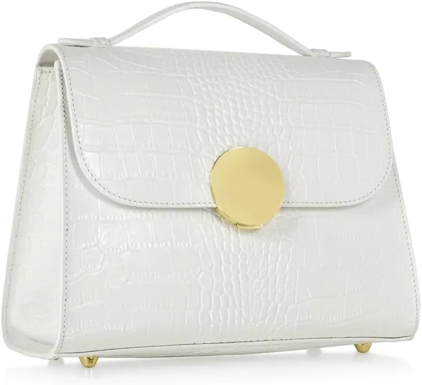 Bombo Croco Embossed Leather Satchel, Top-Handle Bag with Strap, 9.8 x 7.9 x 3.9 inches