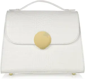 Bombo Croco Embossed Leather Satchel, Top-Handle Bag with Strap, 9.8 x 7.9 x 3.9 inches