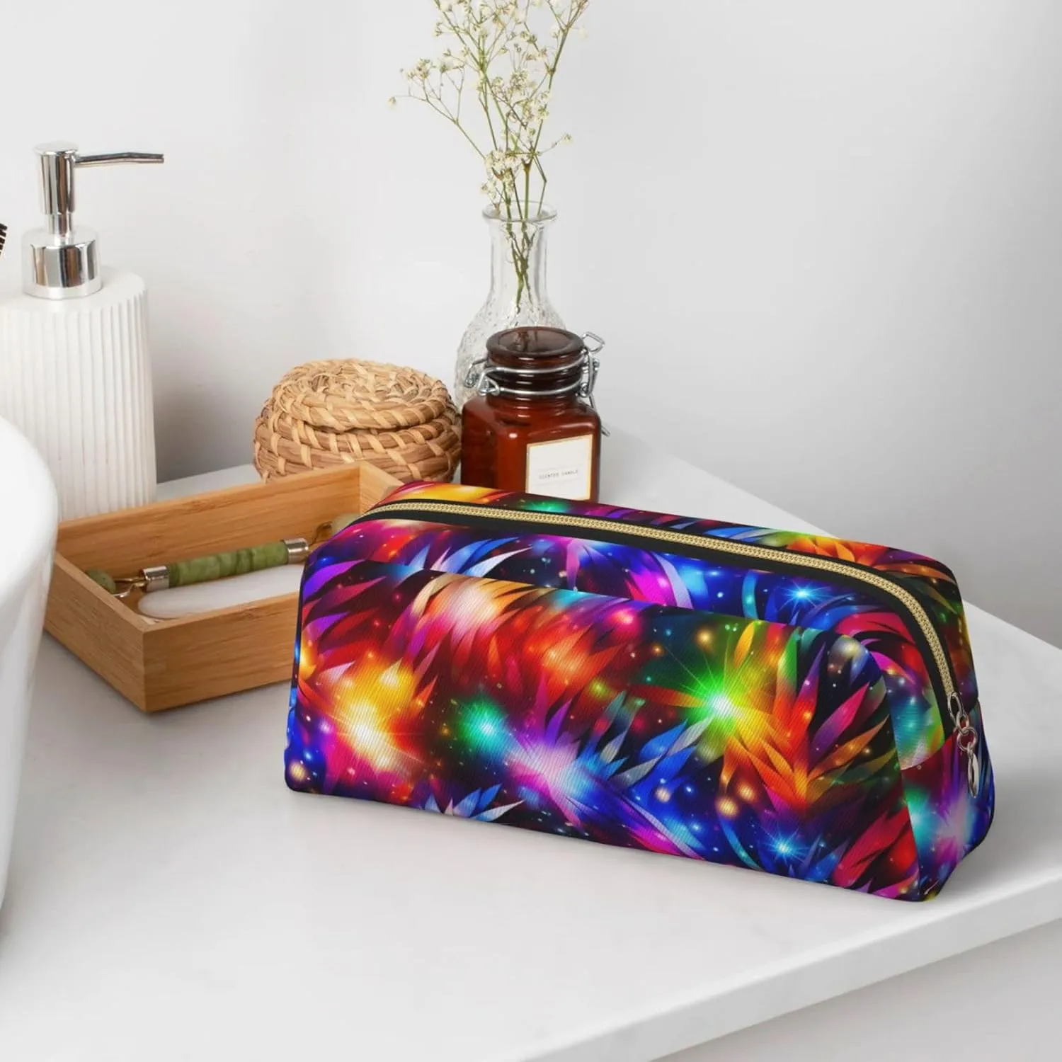 Bright Beautiful Colorful Art Makeup Bag Travel Toiletry Bag Big Pencil Bag for Women Men Leather Zipper Coin Pouch Purse