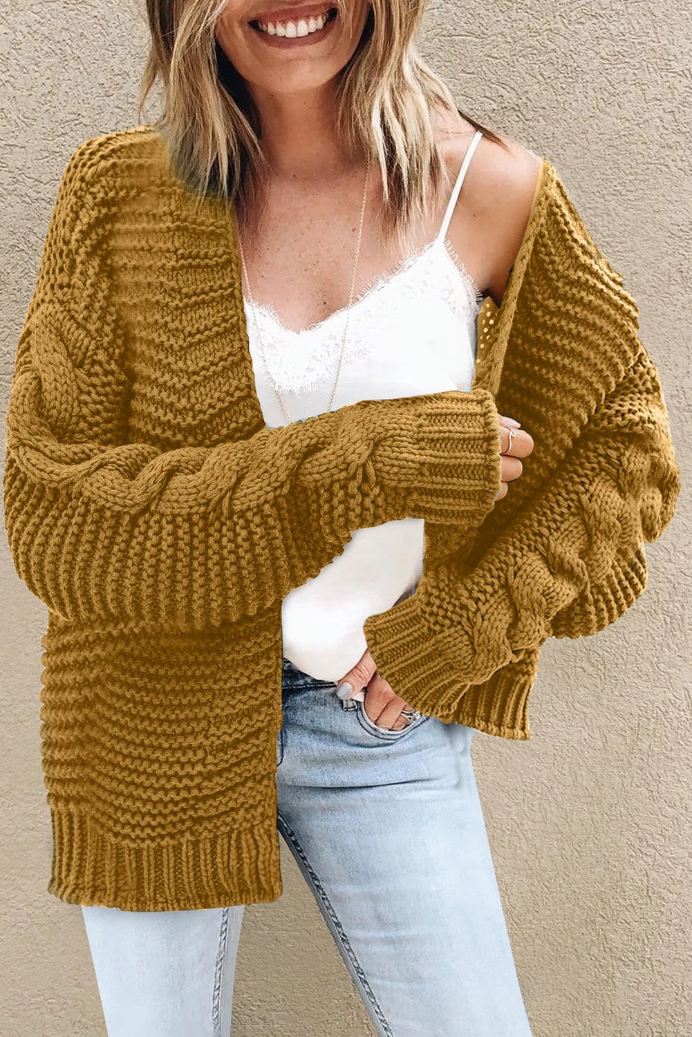 Brown Open Front Chunky Knit Cardigan