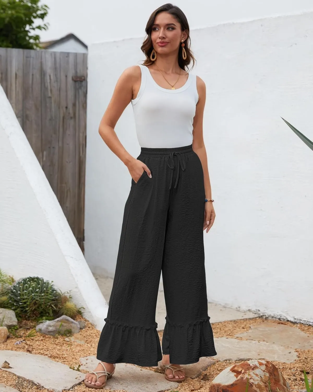 Bsubseach Wide Leg Pants Woman High Waist Palazzo Pants Flowy Casual Trousers Beach Vacation Outfits
