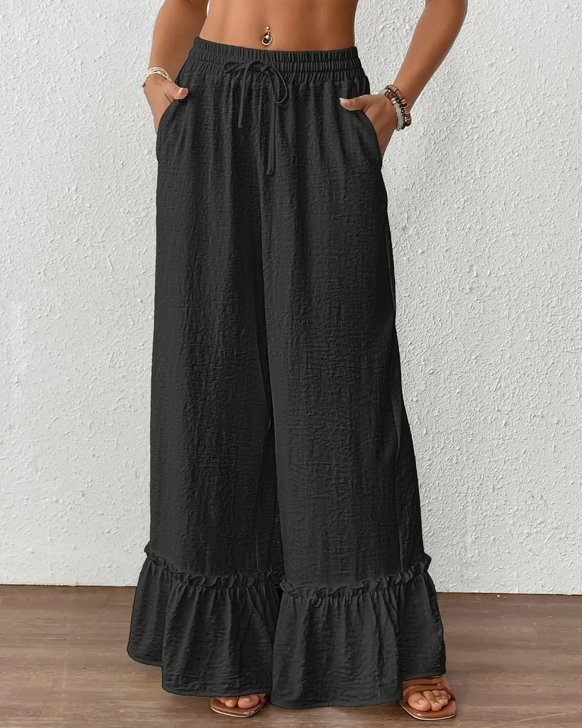 Bsubseach Wide Leg Pants Woman High Waist Palazzo Pants Flowy Casual Trousers Beach Vacation Outfits