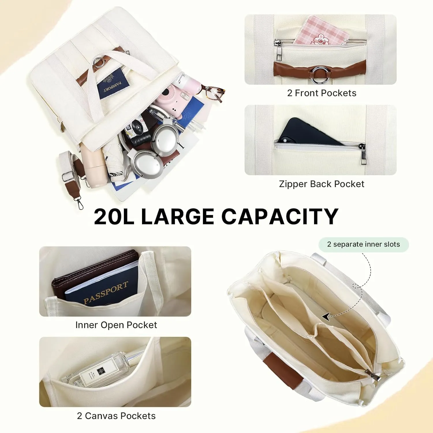 Canvas Tote Bag for Women, Large Crossbody Bag with Zipper Shoulder Everything Tote Bag Canvas with Pockets