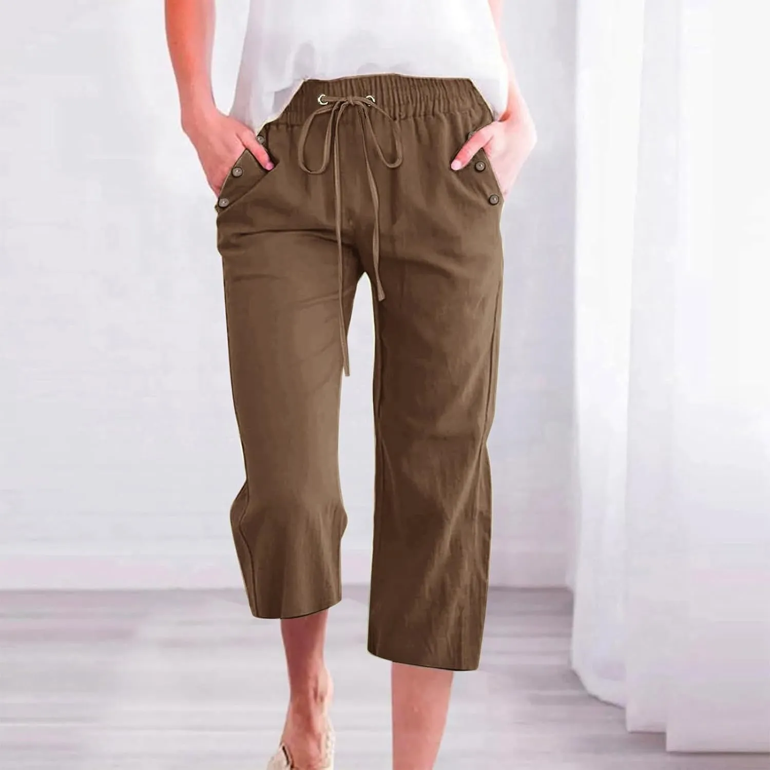 Capris Pants for Women Plus Size Cotton Linen Casual Summer Wide Leg Loose Drawstring Elastic Waist Cropped Trouser