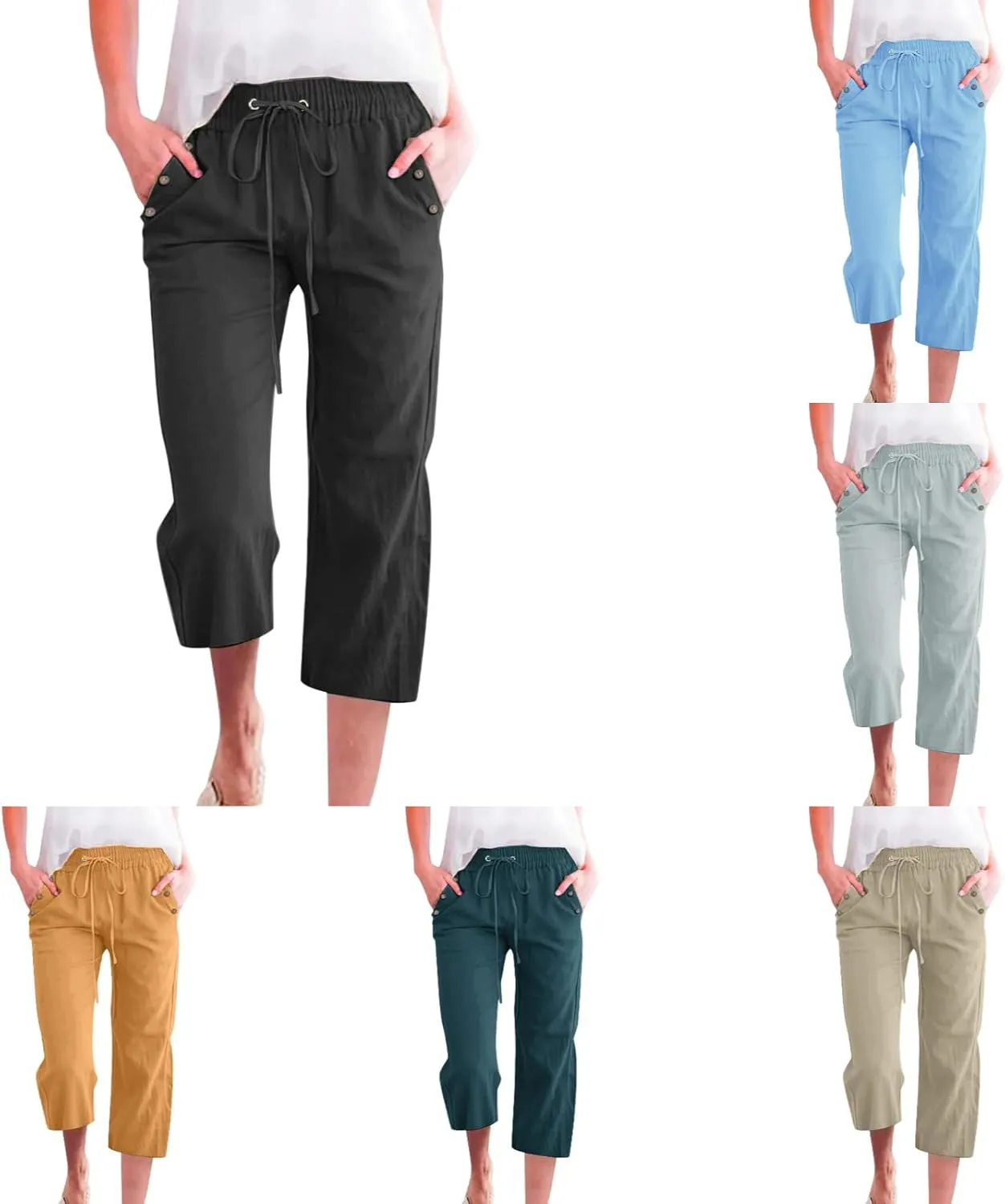 Capris Pants for Women Plus Size Cotton Linen Casual Summer Wide Leg Loose Drawstring Elastic Waist Cropped Trouser