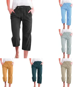 Capris Pants for Women Plus Size Cotton Linen Casual Summer Wide Leg Loose Drawstring Elastic Waist Cropped Trouser