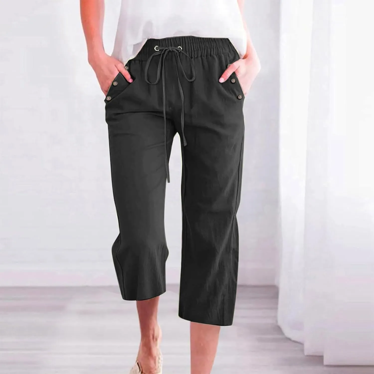 Capris Pants for Women Plus Size Cotton Linen Casual Summer Wide Leg Loose Drawstring Elastic Waist Cropped Trouser