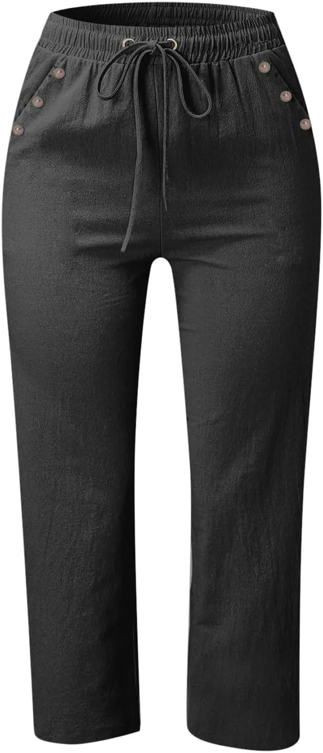 Capris Pants for Women Plus Size Cotton Linen Casual Summer Wide Leg Loose Drawstring Elastic Waist Cropped Trouser