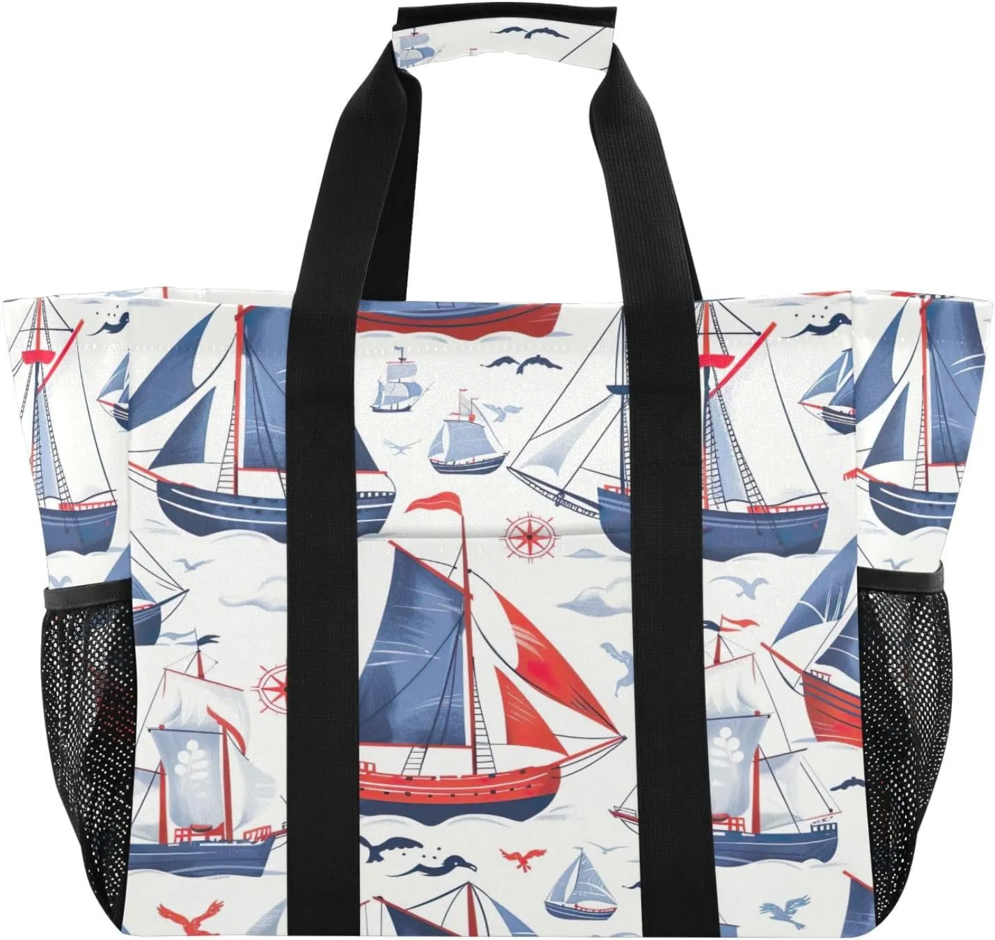 Cartoon Sailboat Waterproof Tote Bag,Multi-Purpose Kitchen Reusable Grocery Bags, Travel, Beach & Laundry Organizer 15.4 X 9.8 X 12.8 inch