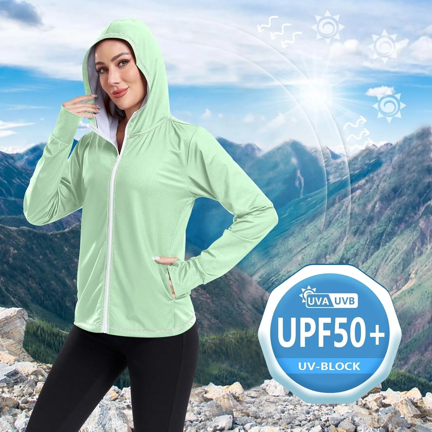 Celadon Womens Sun Protection Shirts Lightweight Long Sleeve Sun Shirt for Hiking Outdoor Women's Hoodie Zip Front Rash Guard