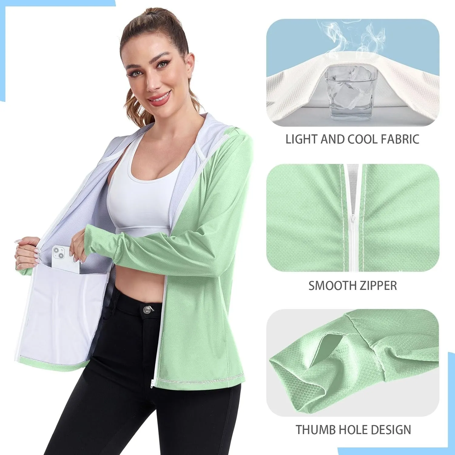 Celadon Womens Sun Protection Shirts Lightweight Long Sleeve Sun Shirt for Hiking Outdoor Women's Hoodie Zip Front Rash Guard