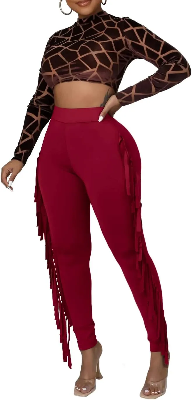 Choichic Women's Casual High Waist Fringed Pants With Elastic Waist - Bodycon Tassels Side Long Jogger Sweatpant