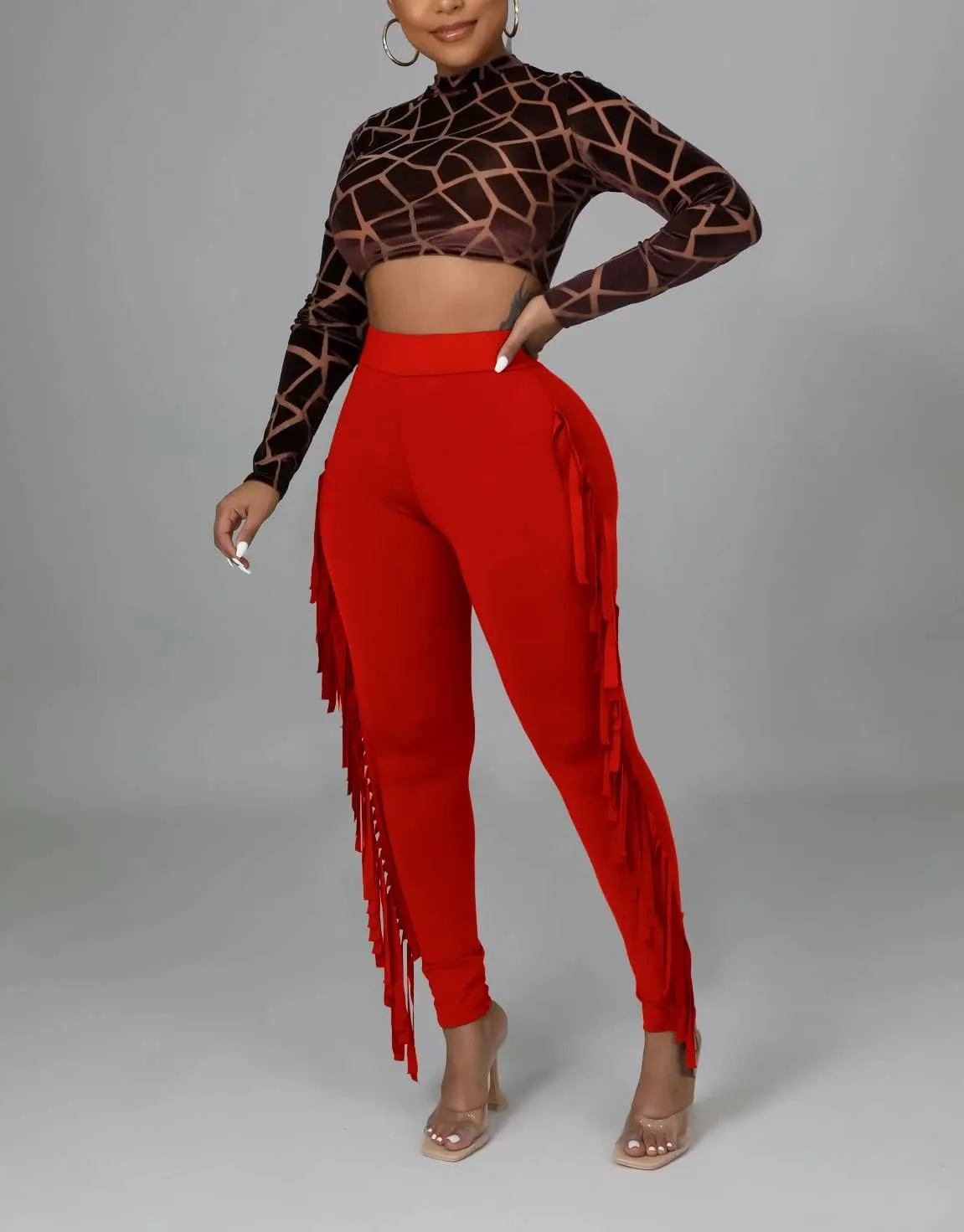 Choichic Women's Casual High Waist Fringed Pants With Elastic Waist - Bodycon Tassels Side Long Jogger Sweatpant