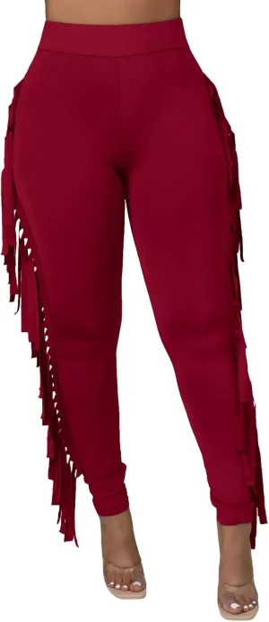 Choichic Women's Casual High Waist Fringed Pants With Elastic Waist - Bodycon Tassels Side Long Jogger Sweatpant