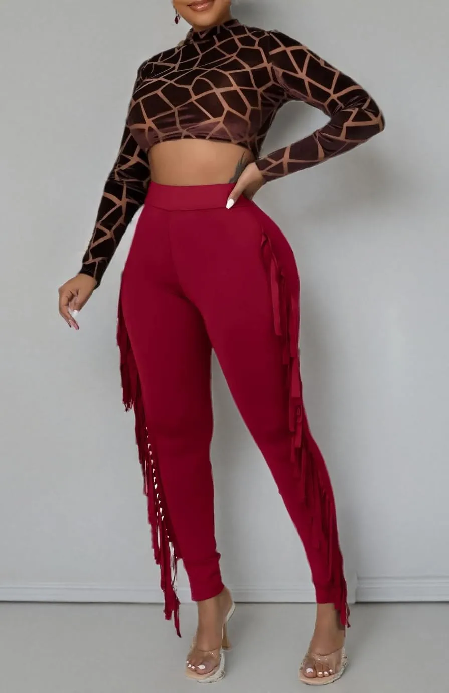 Choichic Women's Casual High Waist Fringed Pants With Elastic Waist - Bodycon Tassels Side Long Jogger Sweatpant