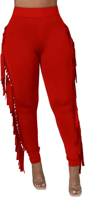 Choichic Women's Casual High Waist Fringed Pants With Elastic Waist - Bodycon Tassels Side Long Jogger Sweatpant