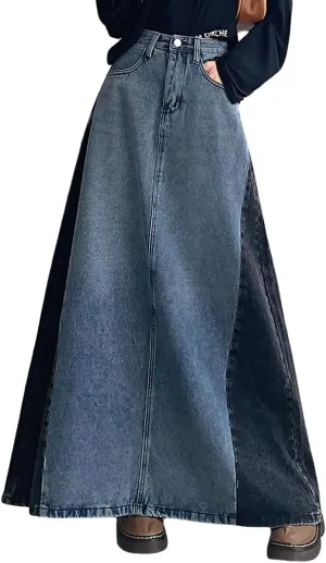 chouyatou Women's Vintage A-Line Maxi Denim Skirt Casual Color Block High Waist Long Jean Skirt