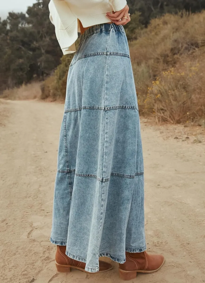 chouyatou Women's Vintage A-Line Maxi Denim Skirt Elastic High Waist Cowgirl Long Jean Tiered Skirt