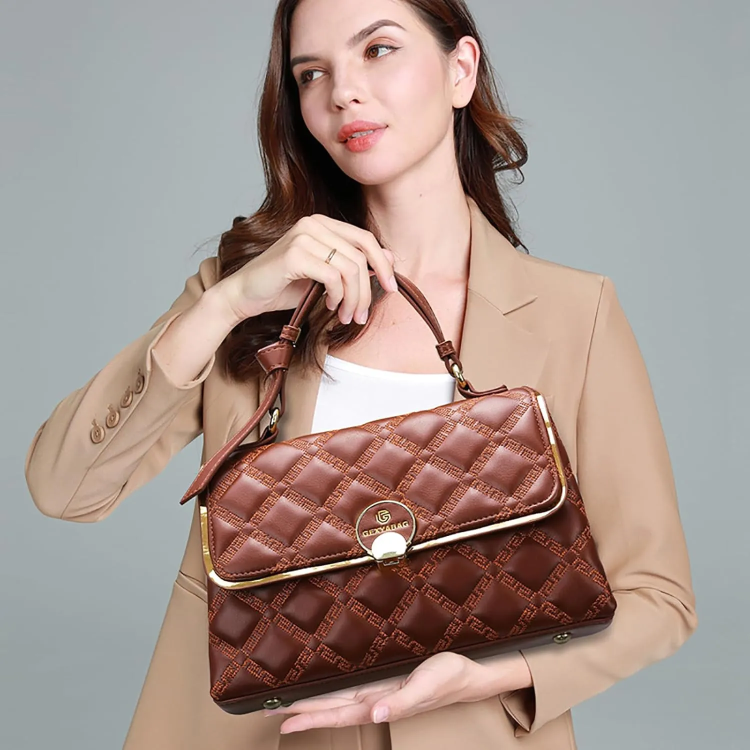 Classic Diamond Pattern Leather Shoulder Bag For Women, Quilted Crossbody Shoulder Bag For Women Top Handle Satchel