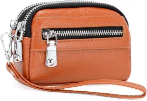 Coin Purse for Women Genuine Leather Small Triple Zipper Coin Wallet Pouch with Removable Wristlet Strap