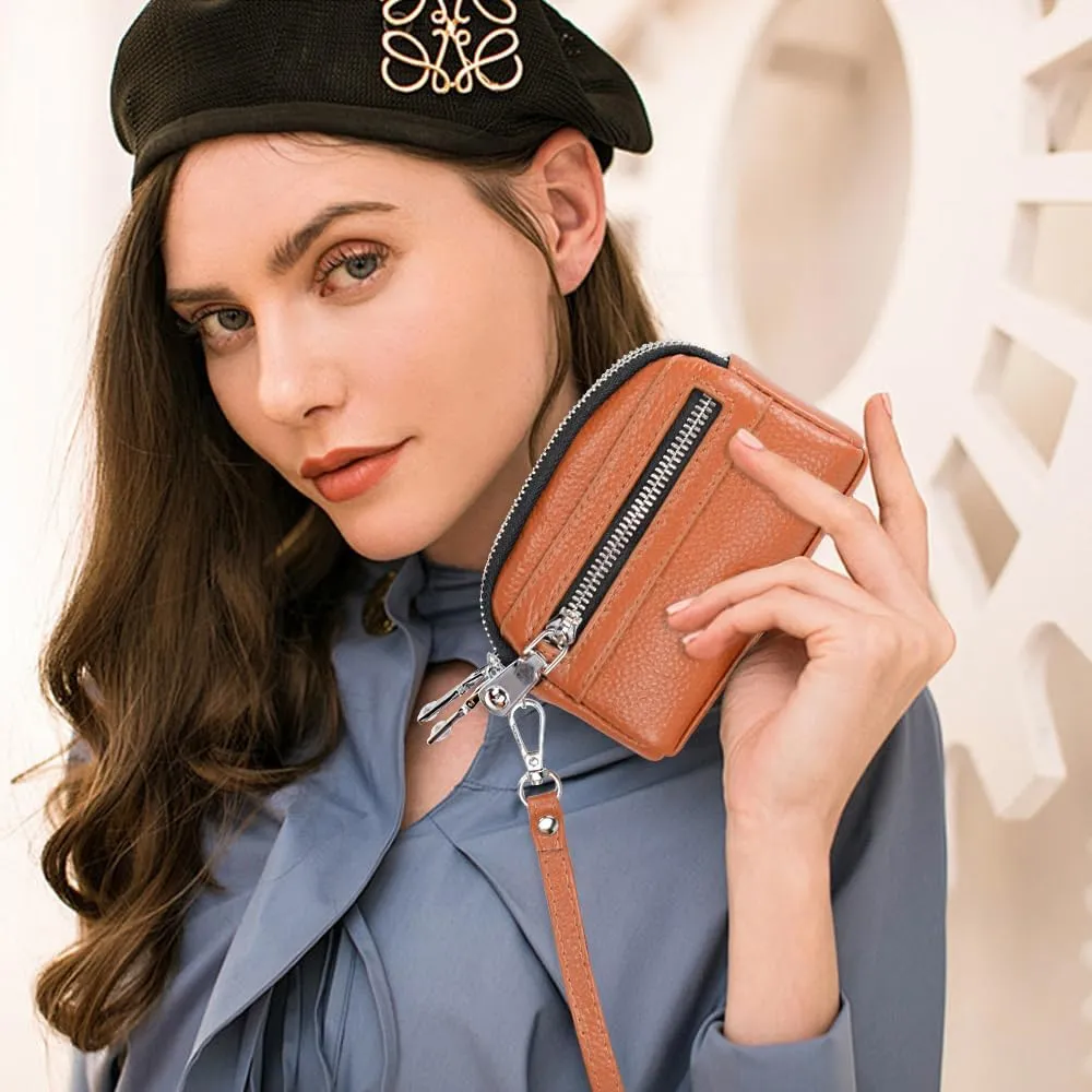 Coin Purse for Women Genuine Leather Small Triple Zipper Coin Wallet Pouch with Removable Wristlet Strap