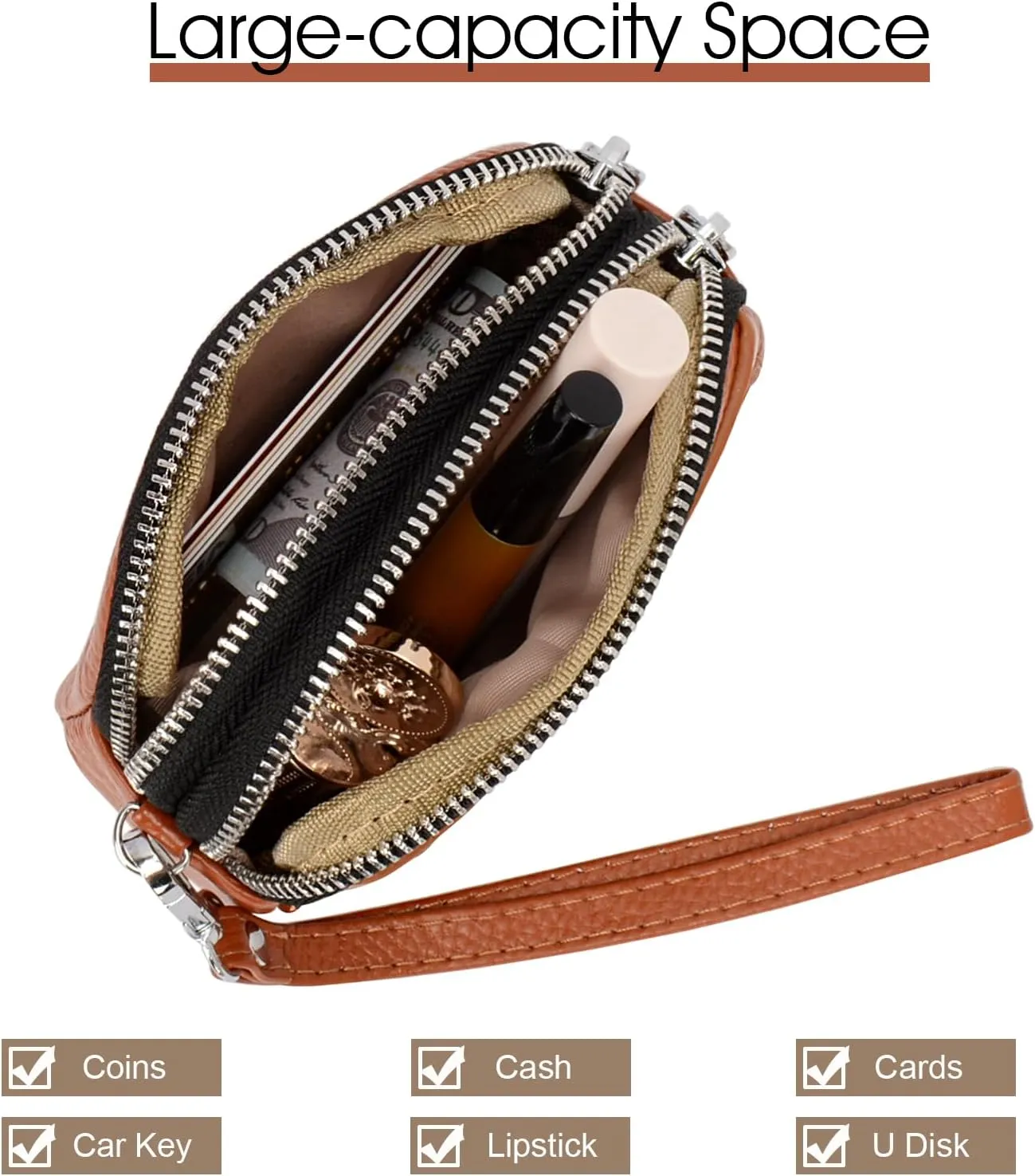 Coin Purse for Women Genuine Leather Small Triple Zipper Coin Wallet Pouch with Removable Wristlet Strap