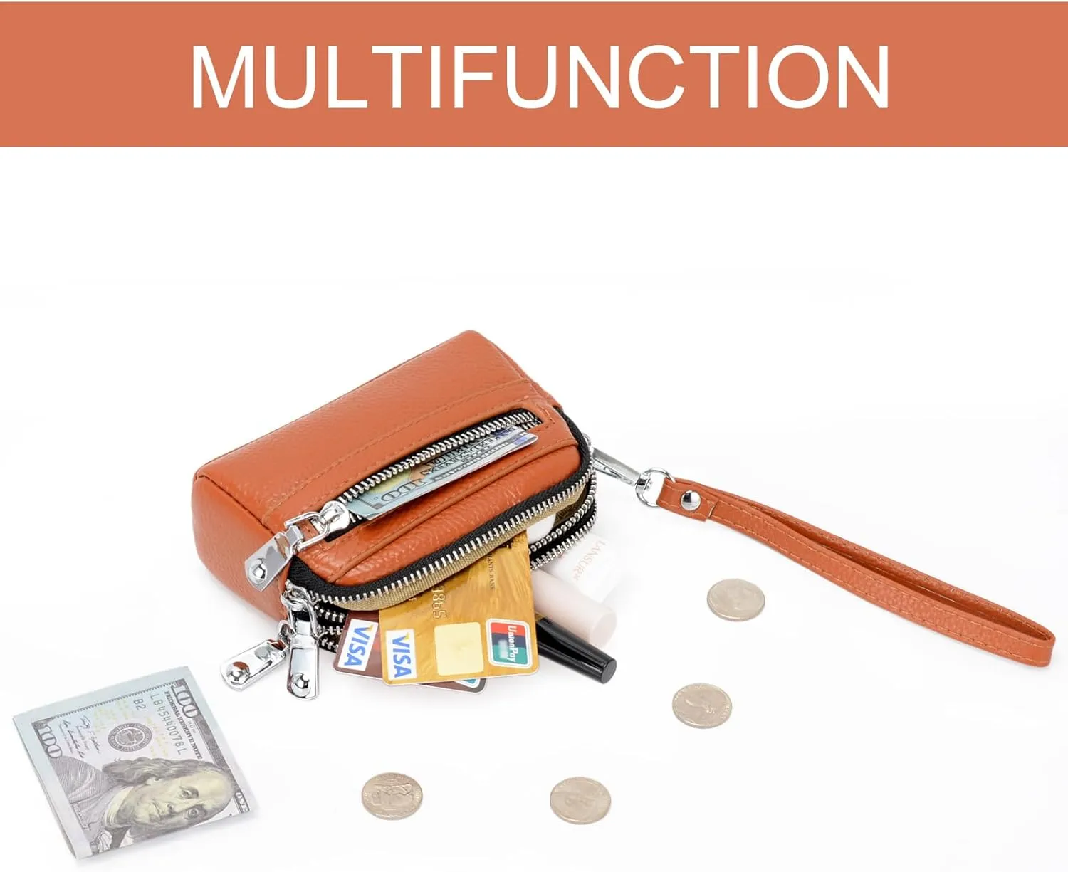 Coin Purse for Women Genuine Leather Small Triple Zipper Coin Wallet Pouch with Removable Wristlet Strap