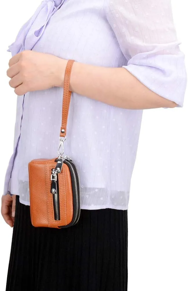 Coin Purse for Women Genuine Leather Small Triple Zipper Coin Wallet Pouch with Removable Wristlet Strap