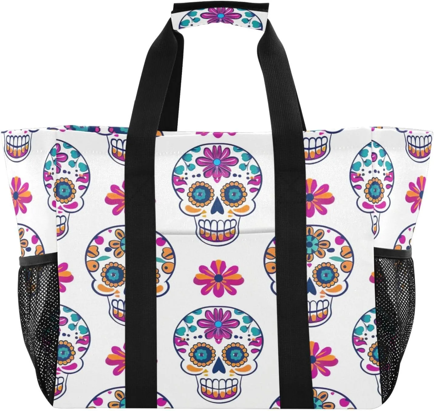 Colored Skull Head Waterproof Tote Bag,Multi-Purpose Kitchen Reusable Grocery Bags, Travel, Beach & Laundry Organizer 15.4 X 9.8 X 12.8 inch