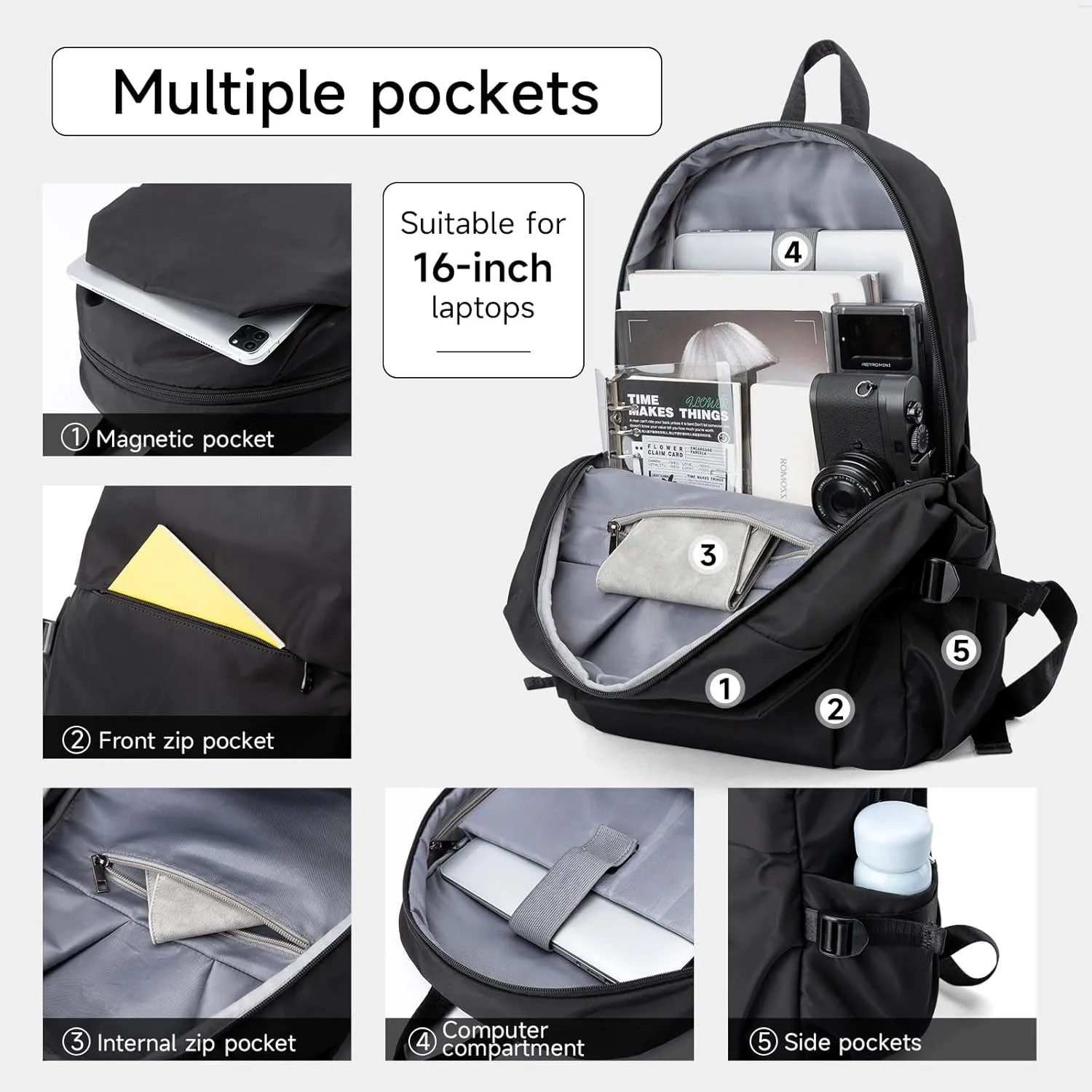 Commute Backpack Fits 17.3 Inch Laptop, Casual Backpackfor Men Waterproof Flight Approved Daypack Lightweight for College Work Travel (Large, Black)