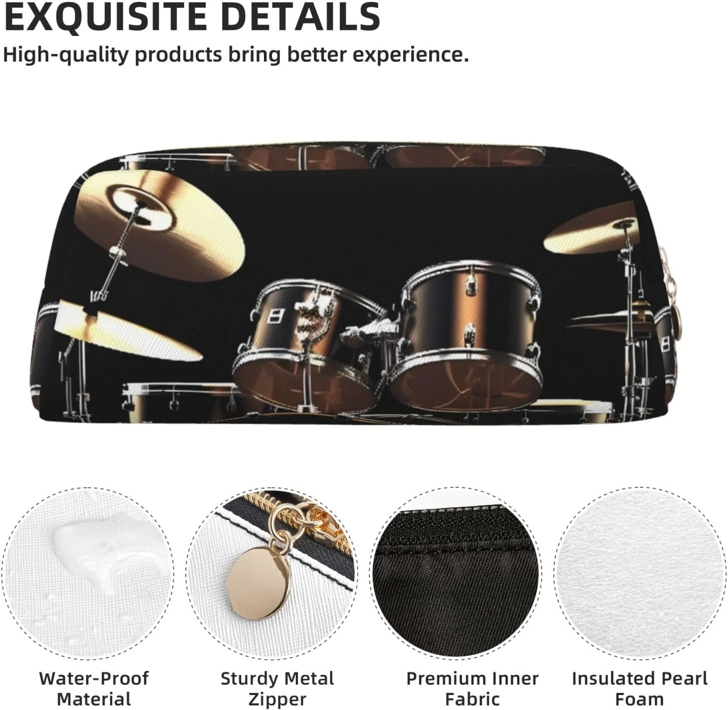 Cool Drum Set Makeup Bag Travel Toiletry Bag Big Pencil Bag for Women Men Leather Zipper Coin Pouch Purse