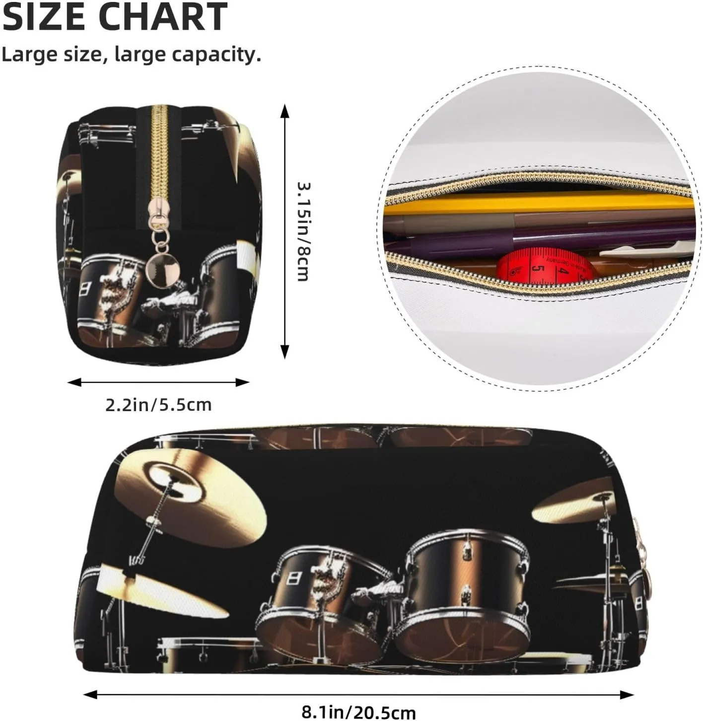 Cool Drum Set Makeup Bag Travel Toiletry Bag Big Pencil Bag for Women Men Leather Zipper Coin Pouch Purse