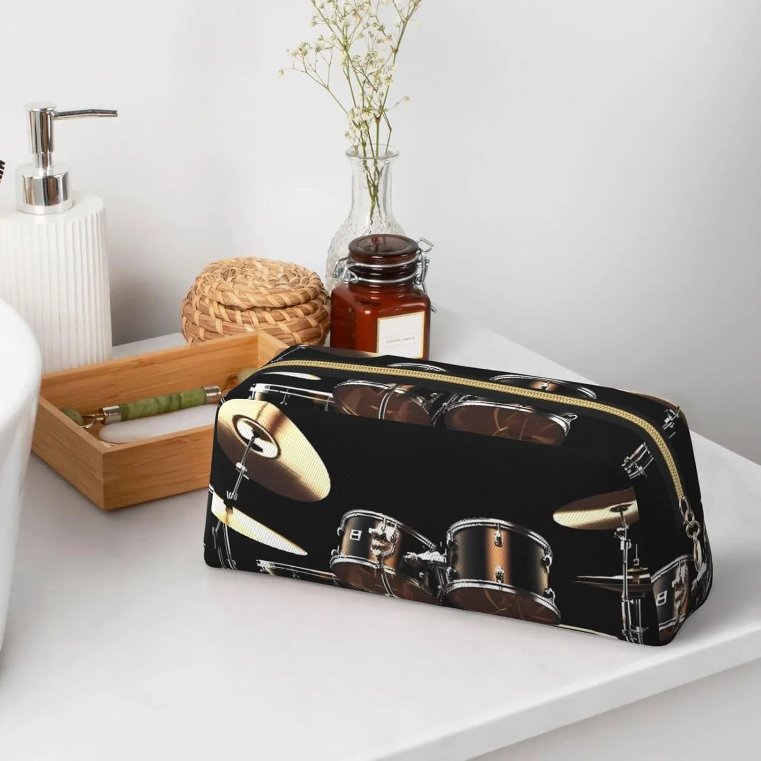 Cool Drum Set Makeup Bag Travel Toiletry Bag Big Pencil Bag for Women Men Leather Zipper Coin Pouch Purse