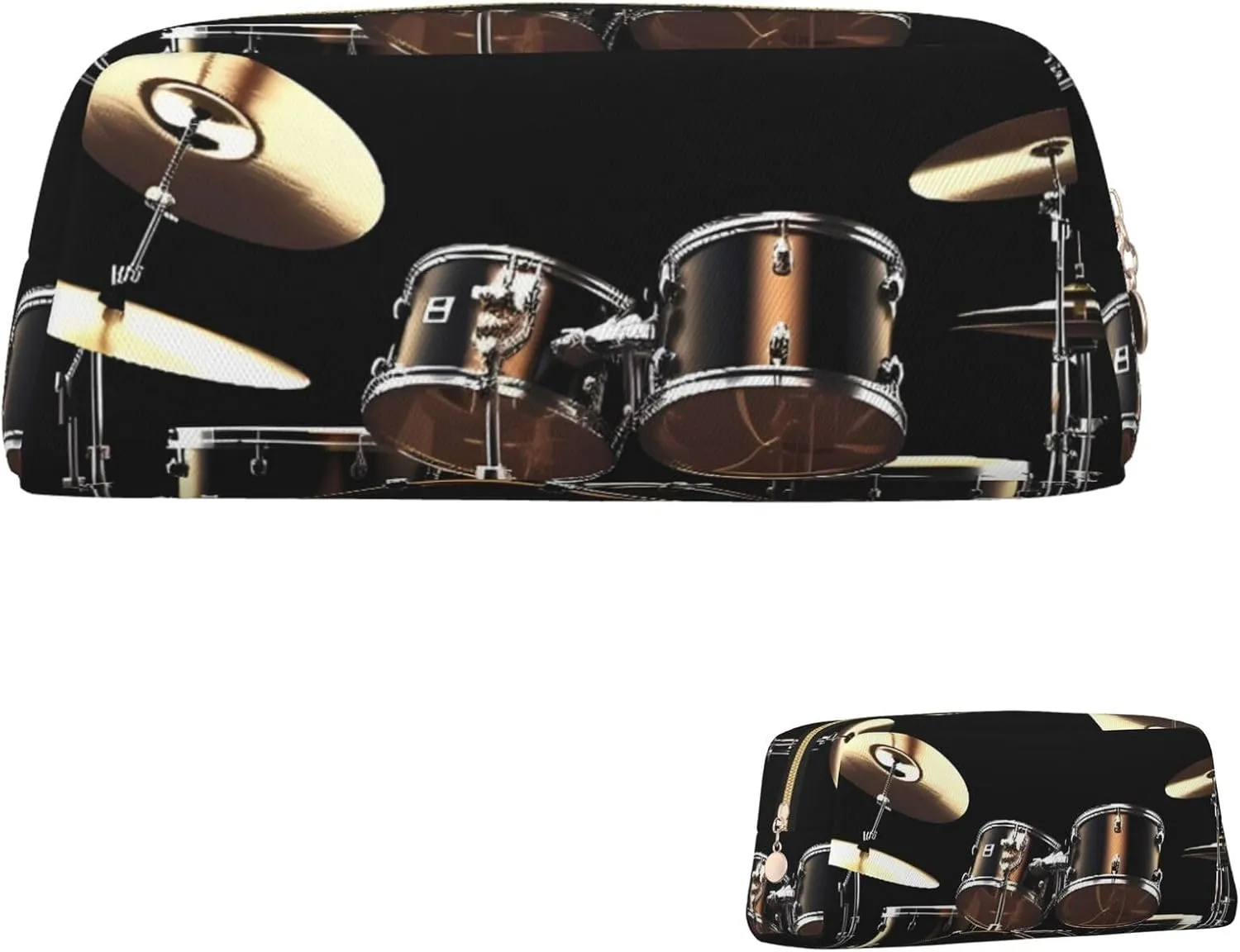Cool Drum Set Makeup Bag Travel Toiletry Bag Big Pencil Bag for Women Men Leather Zipper Coin Pouch Purse