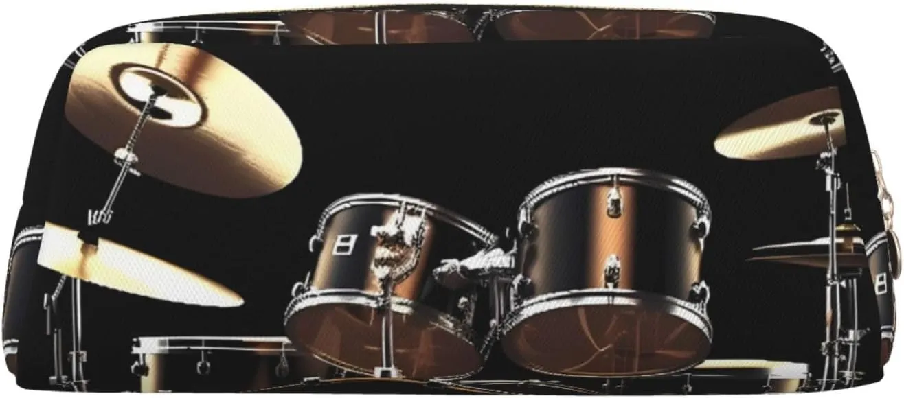 Cool Drum Set Makeup Bag Travel Toiletry Bag Big Pencil Bag for Women Men Leather Zipper Coin Pouch Purse