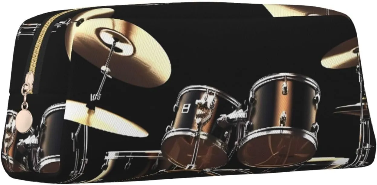 Cool Drum Set Makeup Bag Travel Toiletry Bag Big Pencil Bag for Women Men Leather Zipper Coin Pouch Purse