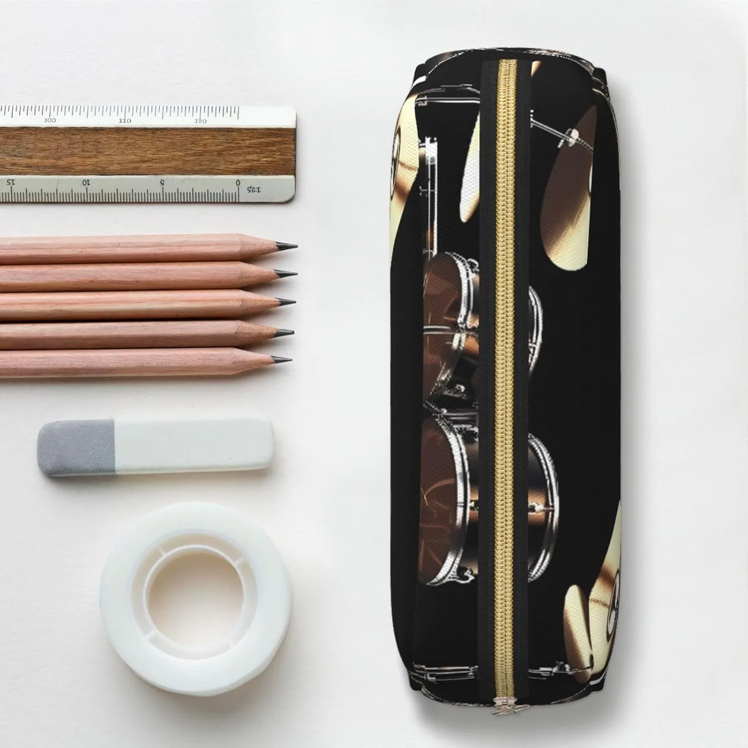 Cool Drum Set Makeup Bag Travel Toiletry Bag Big Pencil Bag for Women Men Leather Zipper Coin Pouch Purse