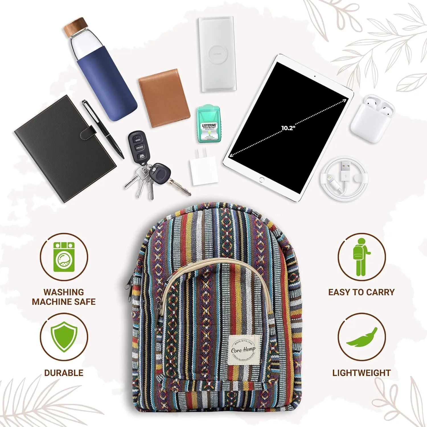 Core Hemp Backpack Purse For Women Mini Backpack Lightweight Boho Small Casual Daily Travel Daypack Shoulder Bag