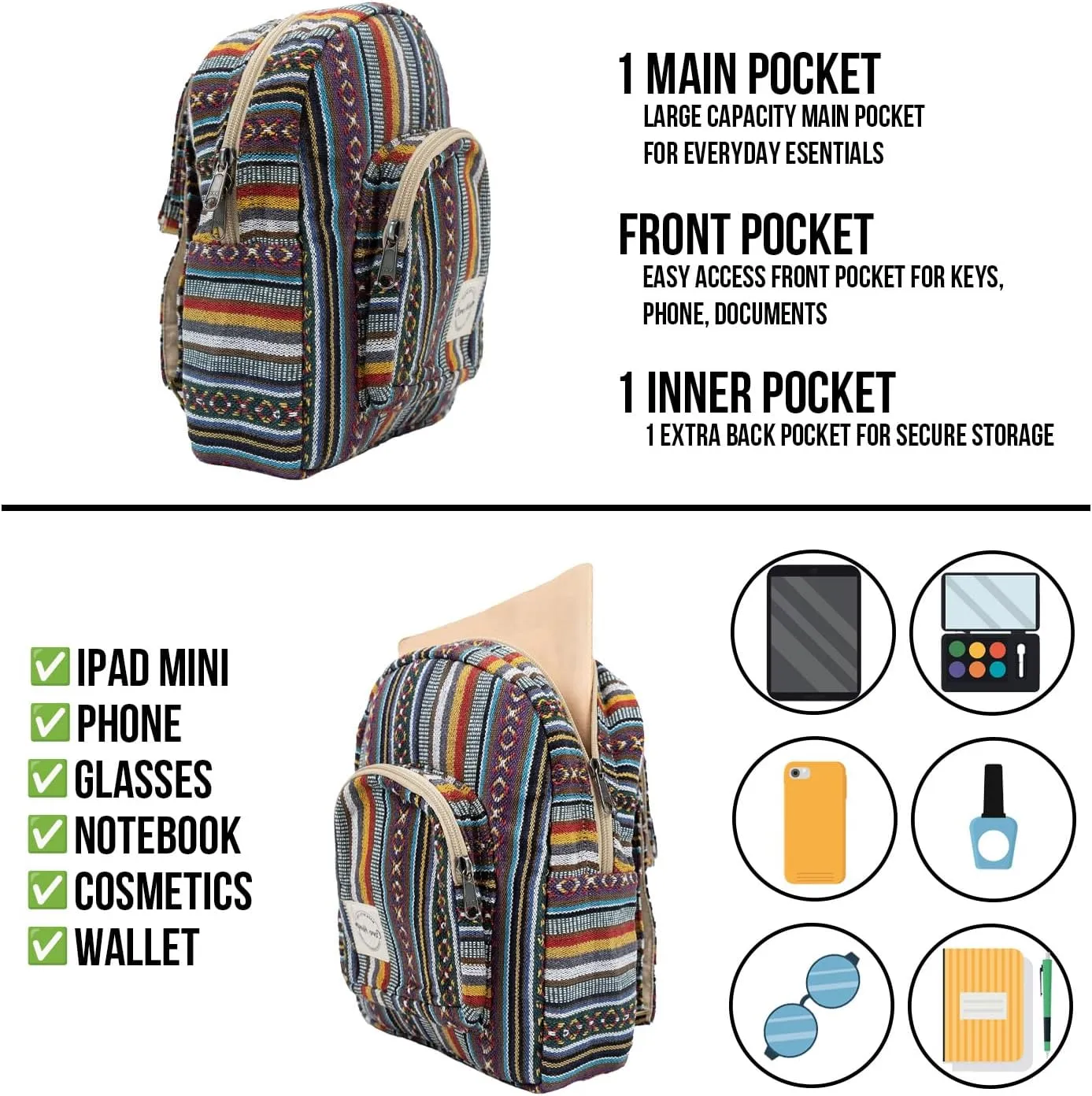 Core Hemp Backpack Purse For Women Mini Backpack Lightweight Boho Small Casual Daily Travel Daypack Shoulder Bag