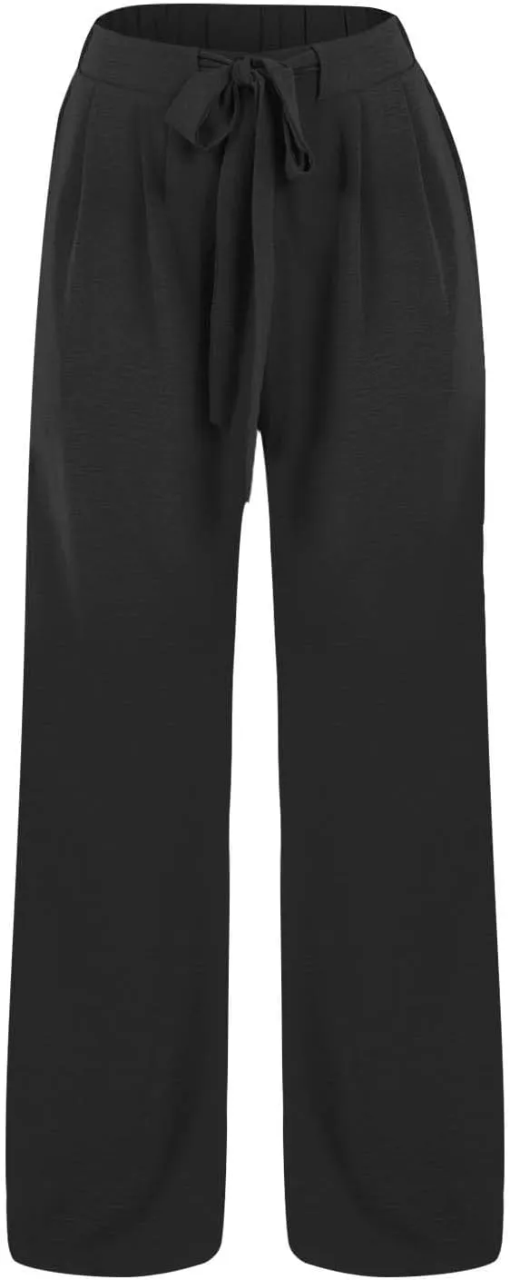 Cotton Linen Pants Women,Summer Wide Leg Palazzo Pants,Casual High Waist Tie Knot Flowy Trousers,Loose Beach Vacation Outfits