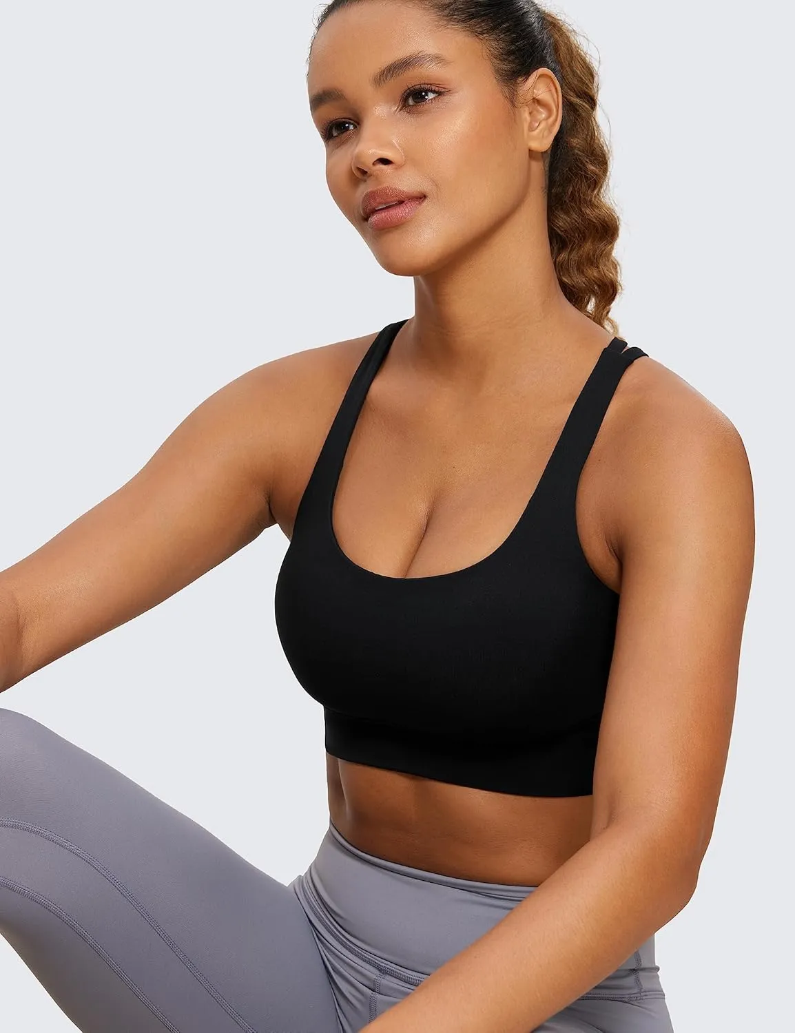 CRZ YOGA Womens Strappy Longline Sports Bra - Medium Impact Criss Cross Yoga Padded Workout Crop Top