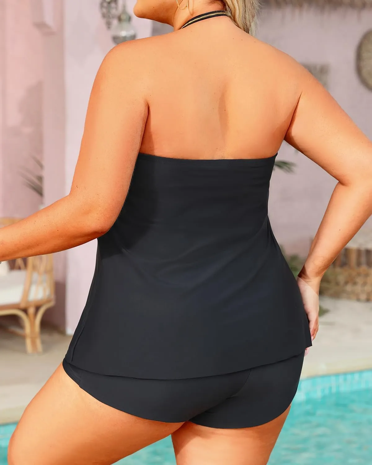 Daci Plus Size Bandeau Tankini Swimsuit for Women 2 Piece Halter Swim Top with Shorts Tummy Control Bathing Suits